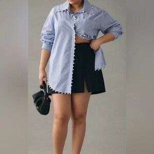 Anthropologie MeMeMe Blue Striped Pearl Embellished Shirt XL